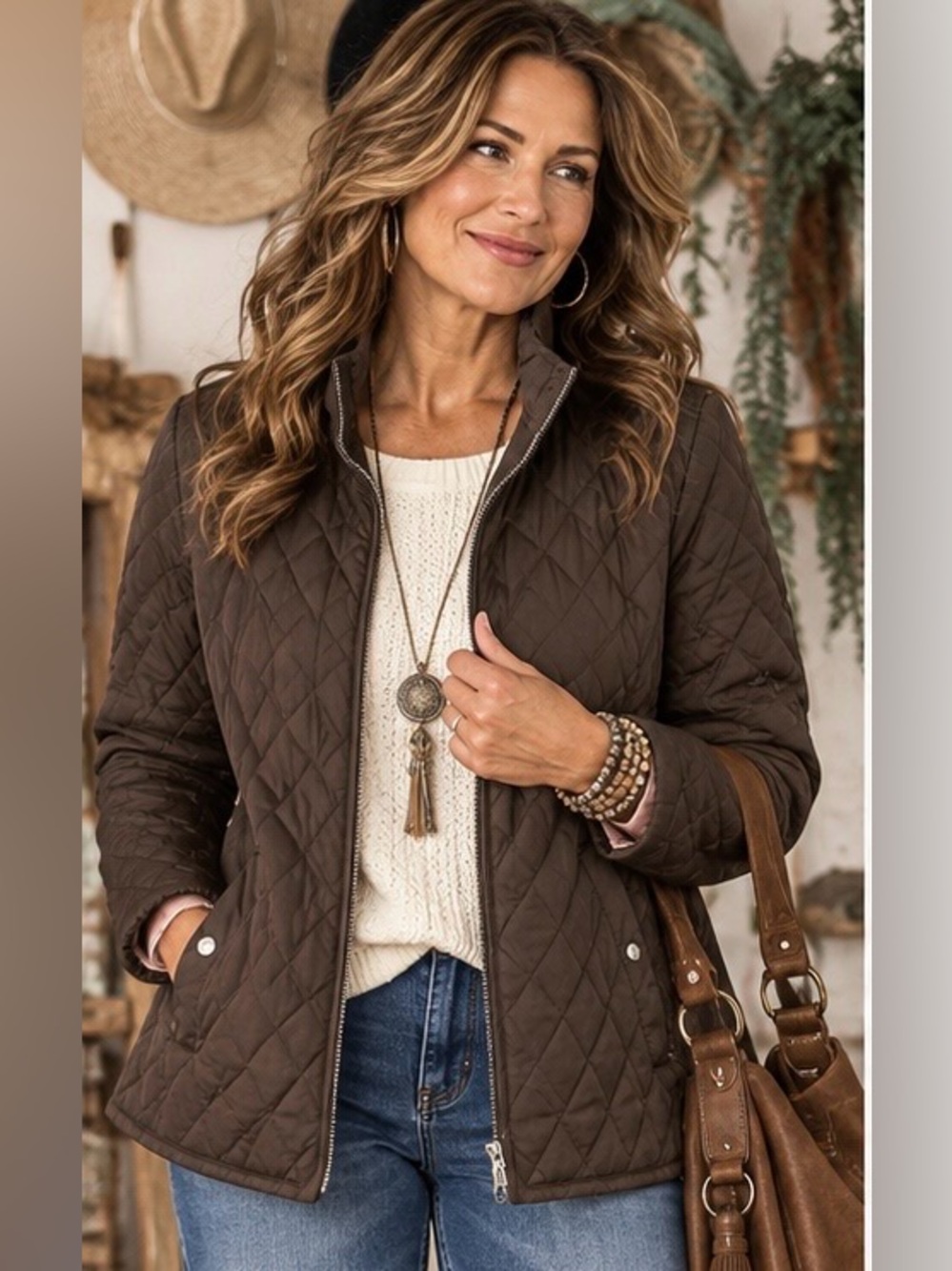 Lands' End Quilted Brown Diamond-Pattern Puffer Jacket 
size XL